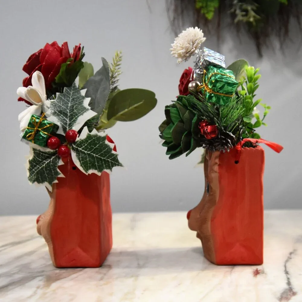 Vintage Rudolph shaped painted pottery with Sola Woods Flower Christmas Holiday